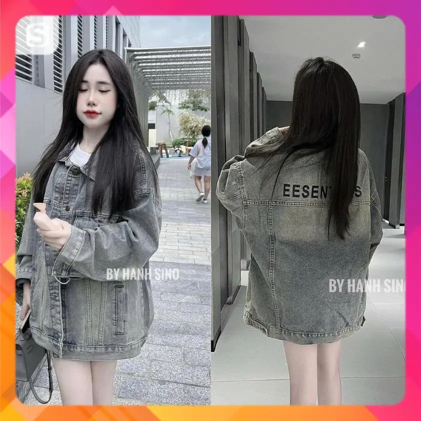 Áo khoác jeans nam nữ túi ngực cúc đồng chữ ESS in lưng form dáng rộng Jacket Top Women Nhung Thời Trang 310