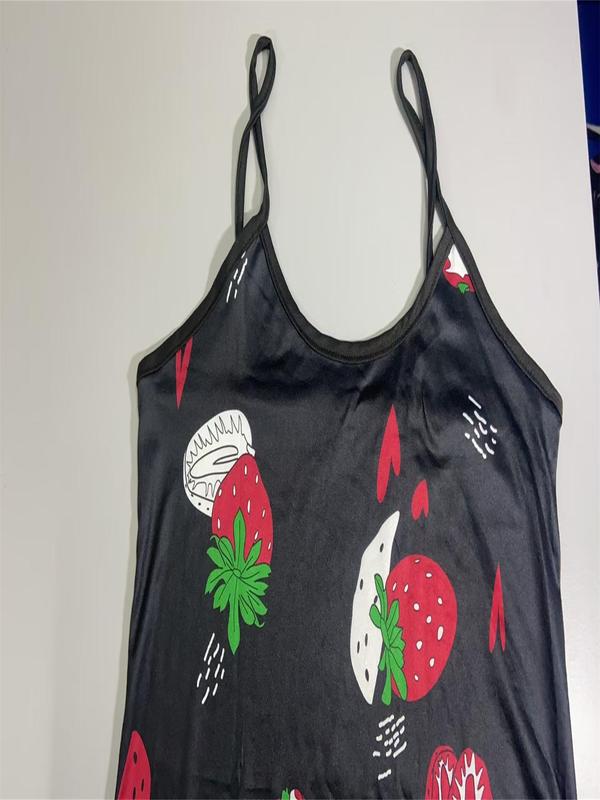 Women's Strawberry Print Lettuce Trim Cami Nightdress, Casual Soft Comfortable Spaghetti Strap Nightgown for All Seasons, Fashion Ladies' Sleepwear for Daily Wear 6