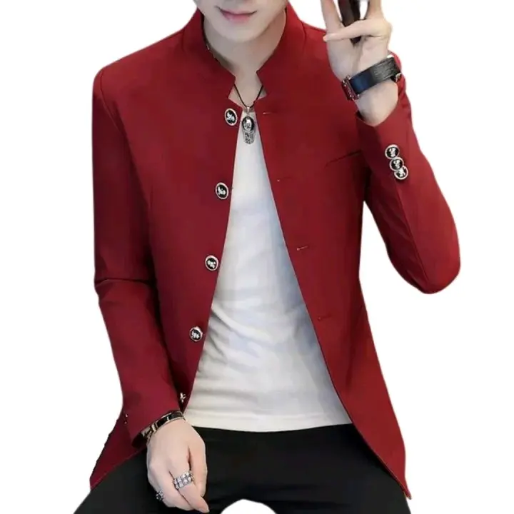 Blazer Kasual Jas Mandarin Kancing Garuda Hitam dengan Bahan High Twist Max Jaguar dan Full Puring - Kerah, Maroon, Panjang, Atasan, Casual, Kain, Formal
