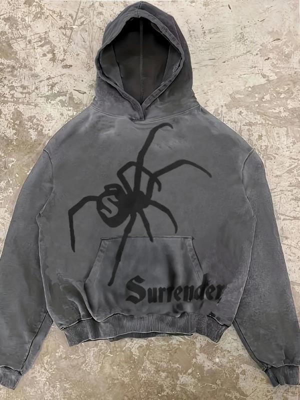 Women's Spider & Letter Print Hoodie, Street Fashion Casual Hooded Sweatshirt for Daily Holiday Outdoor Wear, Ladies Clothes for All Seasons 0