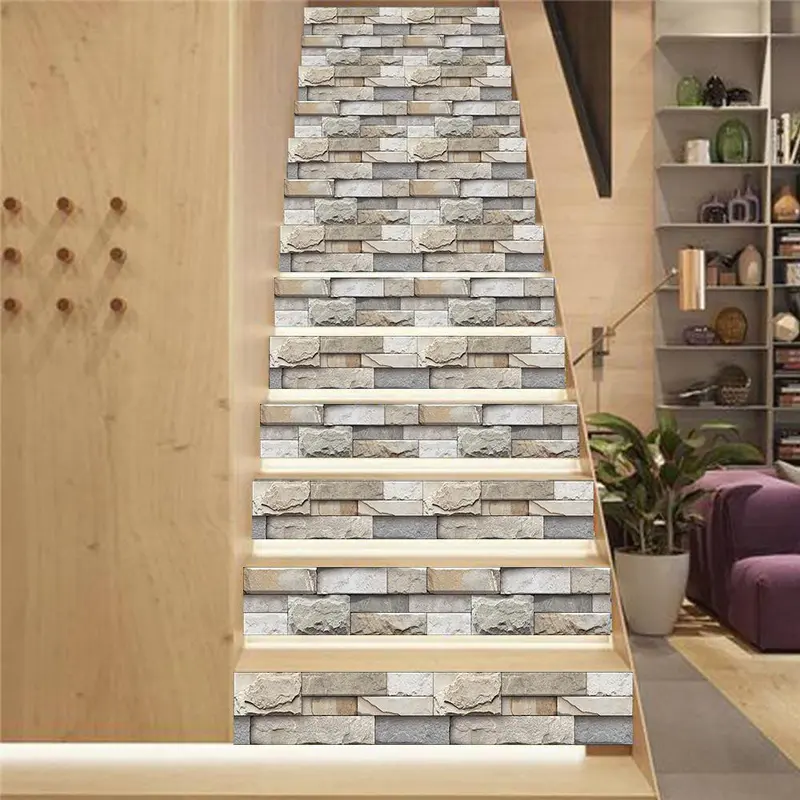 Stone Brick Pattern Stair Sticker, 6 Counts/13pcs/set Self Adhesive Stair Sticker, Decorative Sticker for Home Kitchen Bathroom 8