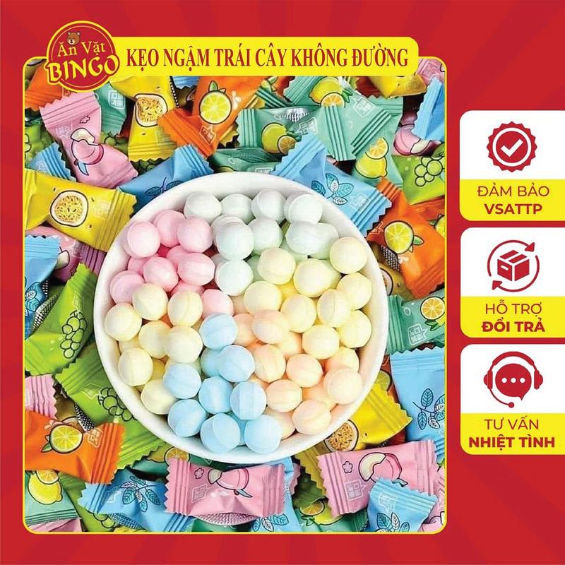 Kẹo ngậm trái cây không đường vitamin C Ăn vặt BINGO, Kẹo trái cây thơm miệng mát lạnh mix vị