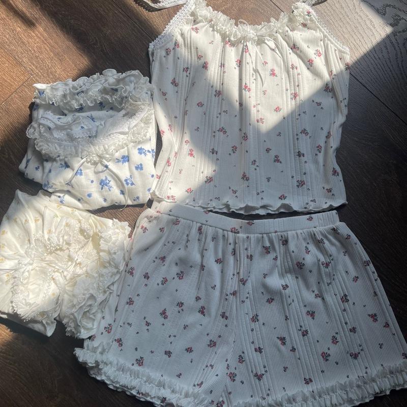 Set Bộ Đồ Ngủ Tiểu Thư 2 Dây Chất Cotton Hàn Áo Thun Women Top