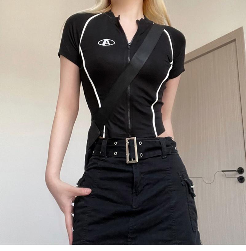 Product Introduction of Áo Cardigan Có Khóa Kéo, Phong Cách Xe Máy Mỹ, Áo Thun ngắn Tay Dành Cho Nữ, Có Sọc Nụ Thêu, Màu Đen, Áo Thể Thao Và Thể Dục Dễ Phối Đồ 7