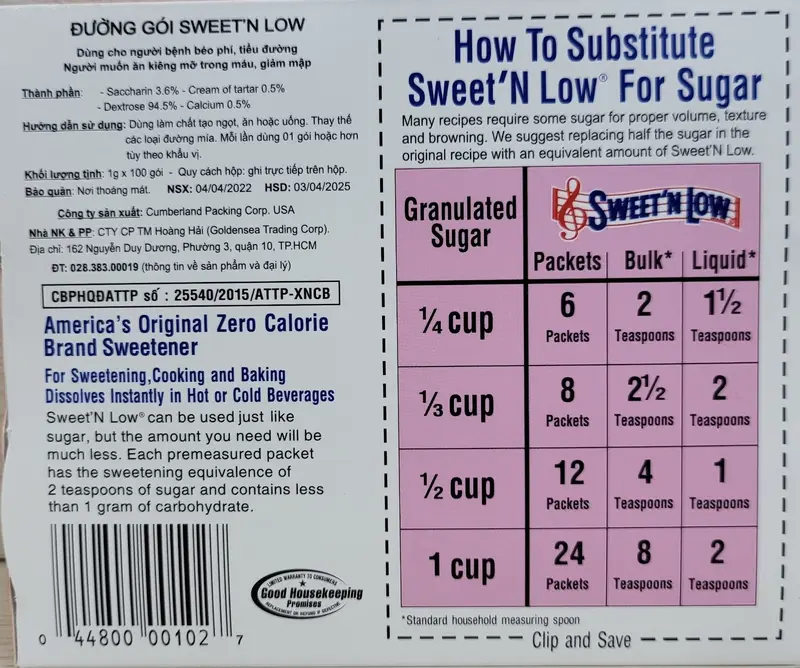 (HỘP LỚN 100 gói) ĐƯỜNG ĂN KIÊNG MỸ BÁO HỒNG SWEET’N LOW Zero Calorie Sweetener 4