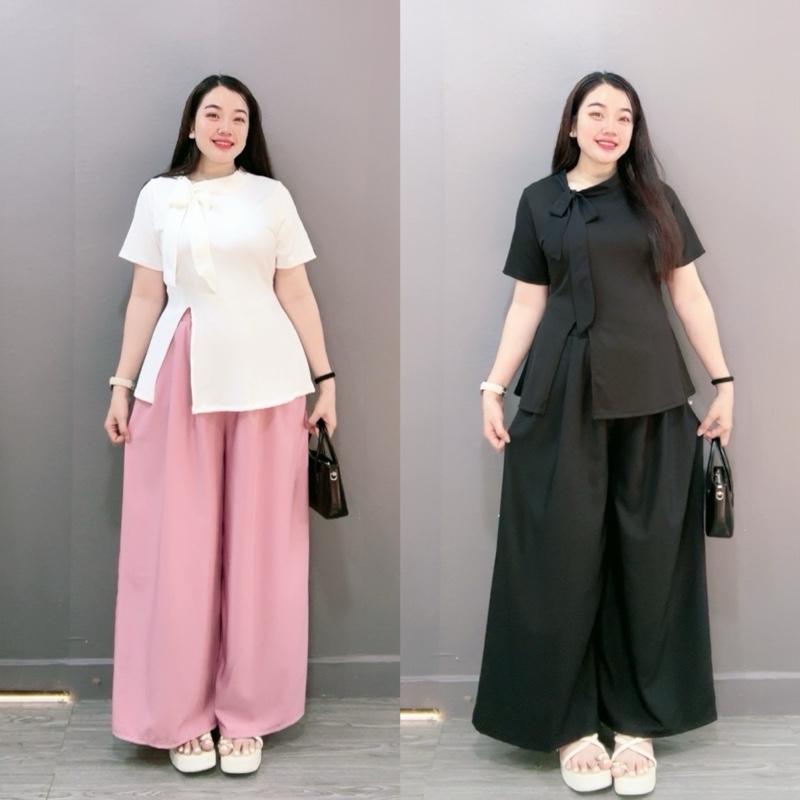 SÉT BỘ ÁO THUN QUẦN RỘNG vải thun co giãn phối quần ống rộng dáng dài dành cho nữ chubby bigsize từ 55-92kg