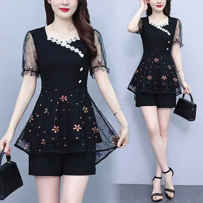 Plus Size Women'S Clothing 2025 Summer New Korean Style Fashionable Slimming Age-Reducing Sequin Embroidered Two-Piece Set For Women