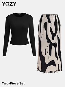 YOZY Ribbed Long Sleeve Tee & All Over Print Skirt Set, Elegant Round Neck Top & Elastic Waist Skirt, 2024 Women's All Season Outfits for Work, Office, Business