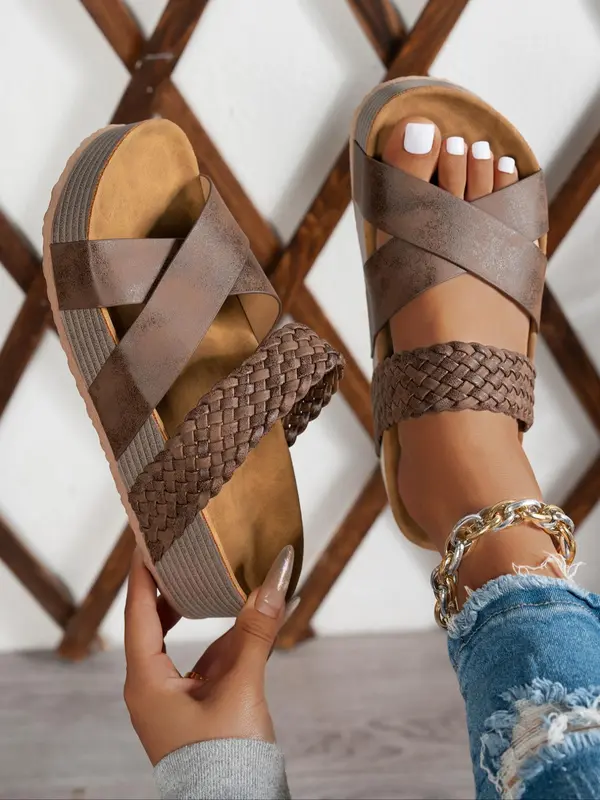 Women's Fashionable Plain Color Wide Band Platform Sandals, Casual Versatile Crossed Straps Sandals for Summer, Lightweight Breathable Comfortable Barefoot Shoes for Daily Wear, Girl 1