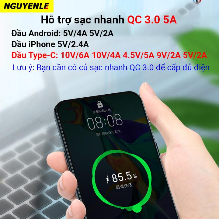 Cáp sạc nhanh 3 đầu đa năng 6A QC 3.0 18W 2024 Phụ Kiện Sạc Điện Thoại Usb 2