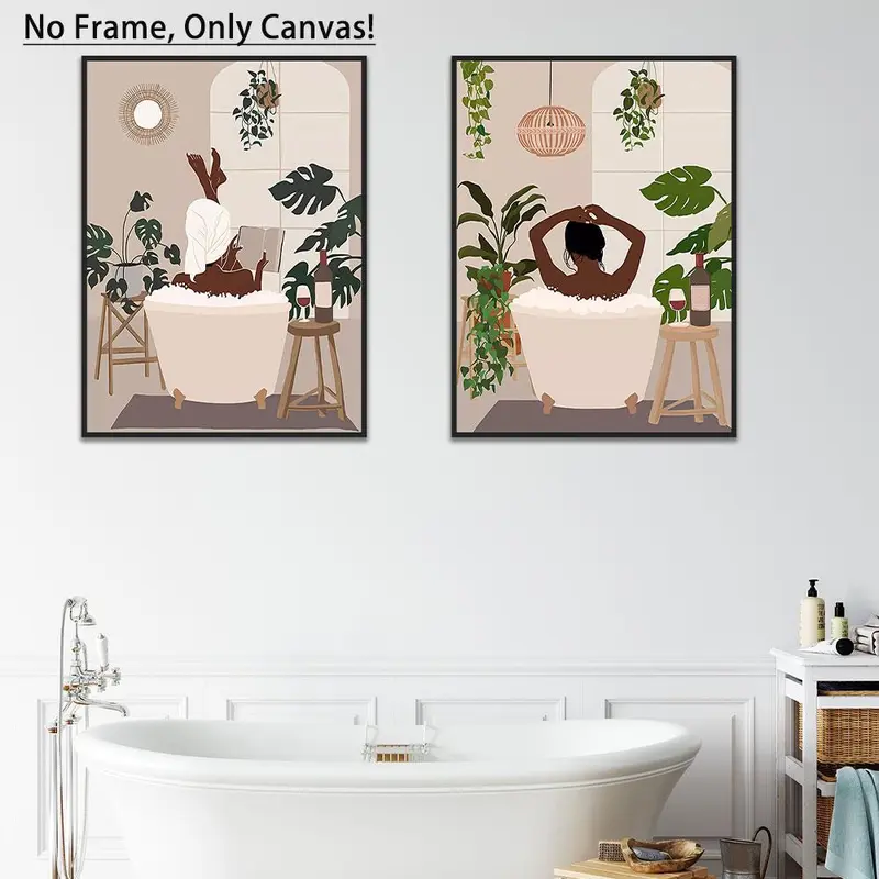 Bathroom Canvas Painting without Frame, 2 Counts Modern African American Woman in Bathroom Pattern Wall Art, Wall Decor for Home Bedroom Bathroom 3