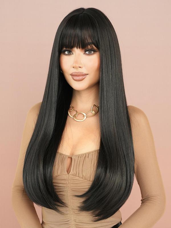 28 Inch Long Mocha Brown Straight Wigs for Women, Gorgeous Fluffy Wigs with Bangs, Synthetic Full Machine Wigs for Party, Daily Use 8
