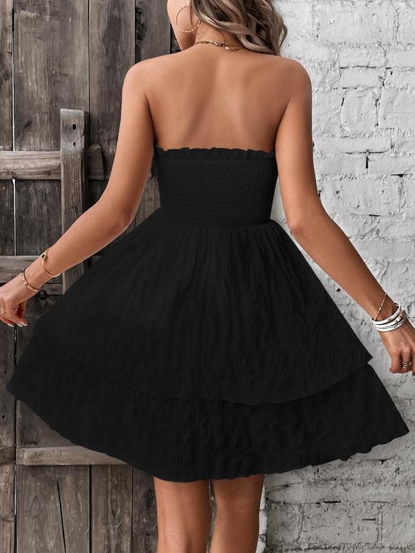 Women's Textured Frill Shirred A Line Dress, Boho Sleeveless Strapless Knee Length Dress for Beach Holiday Vacation, Ladies Summer Clothes, Summer Outfits 2024 7