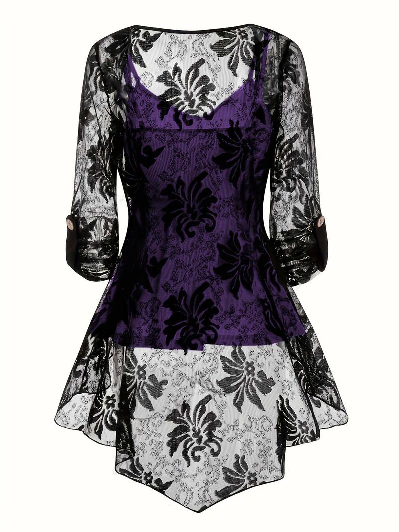 Product Introduction of Plus Size Three-piece Set Backless Peplum Cami Top & Fake Buttons Sheer High Low Contrast Lace Blouse & Skinny Pants, Year-round Three Piece Outfits, Summer Clothes, Co Ord Set, Plus Clothing 6