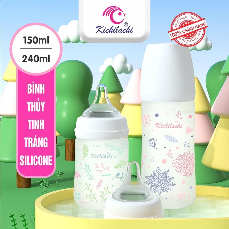 Bình Sữa Thủy Tinh Tráng Silicon Kichi Siêu Nhẹ ,Chống Trầy Xước 150ml/240ml [Kèm Núm Ti]