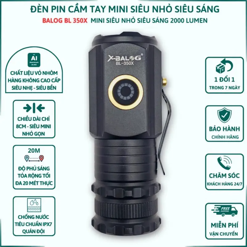 X-BALOG 350X Đèn pin cầm tay mini siêu sáng vỏ nhôm chống nước IPX7 độ sáng tối đa 2000 Đèn cầm tay 0
