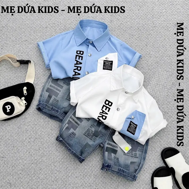 [2 Bộ TẶNG MŨ 45K] Bộ sơ mi BEAR cho bé 8-26kg áo sơ mi chất thô lụa kèm quần jean mềm cho bé đi học đi chơi Quần Bò 0
