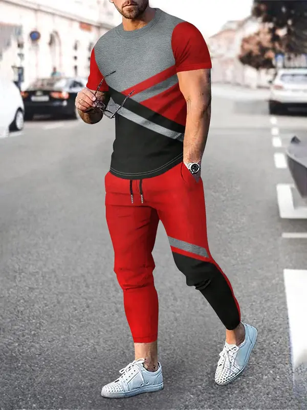 Two-Piece Set Men's Colorblock Print Round Neck Tee & Drawstring Waist Pants, Regular Fit Short Sleeve T-shirt & Pocket Trousers, Men's Clothes for Daily Wear, Menswear 5