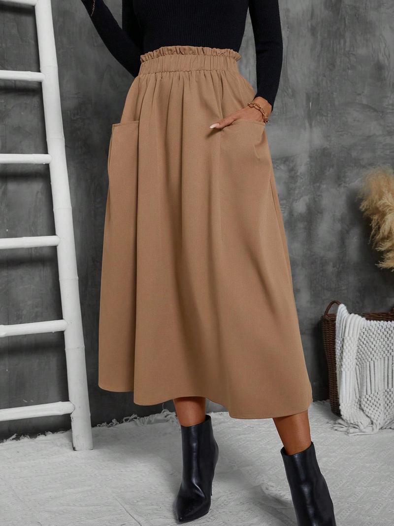 Product Introduction of 【2025】Women's Solid Frill Trim Elastic Waist Skirt, Casual Fashion Pocket A Line Midi Skirt for Daily Outdoor Wear, Women's Bottoms for Spring & Fall 1