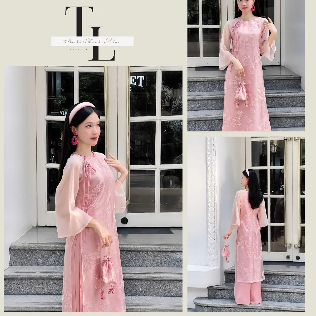 Áo Dài Kỳ Lân Hồng Chất Liệu Vải Tơ Phối Dây Nơ Nhẹ Nhàng - TL03