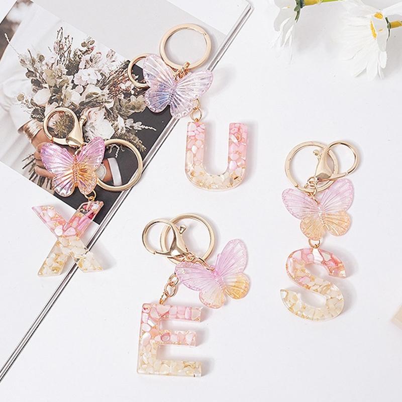 Product Introduction of [QQQ]Pink Dream Butterfly 26 Letters A To Z Resin Keychain 26 Initials White Stone  Leaf Pendant Keyring Backpack Charm Bag Decor 15