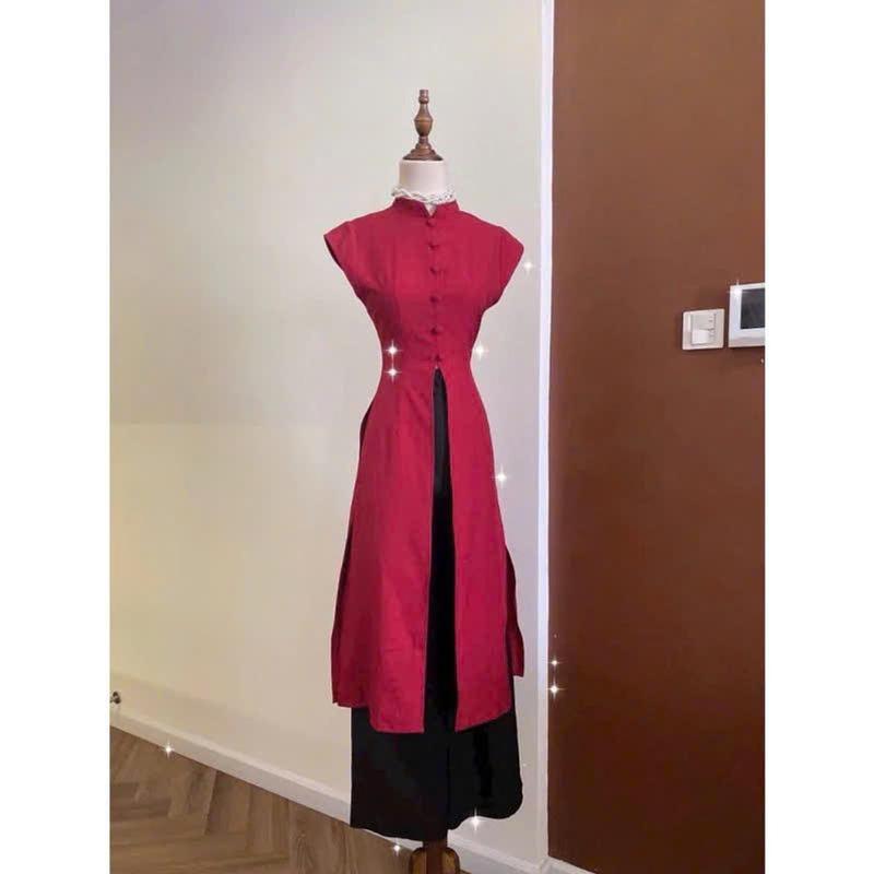 Set Áo Dài Đỏ Tay Cánh Cách Tân Xẻ Tà Giữa Chất Tuyết Nhung Dày Mịn Sang Trọng, Thiết Kế Độc Đáo Dành Riêng Cho Phái Đẹp Dưới 53kg Nữ Women Dress 5