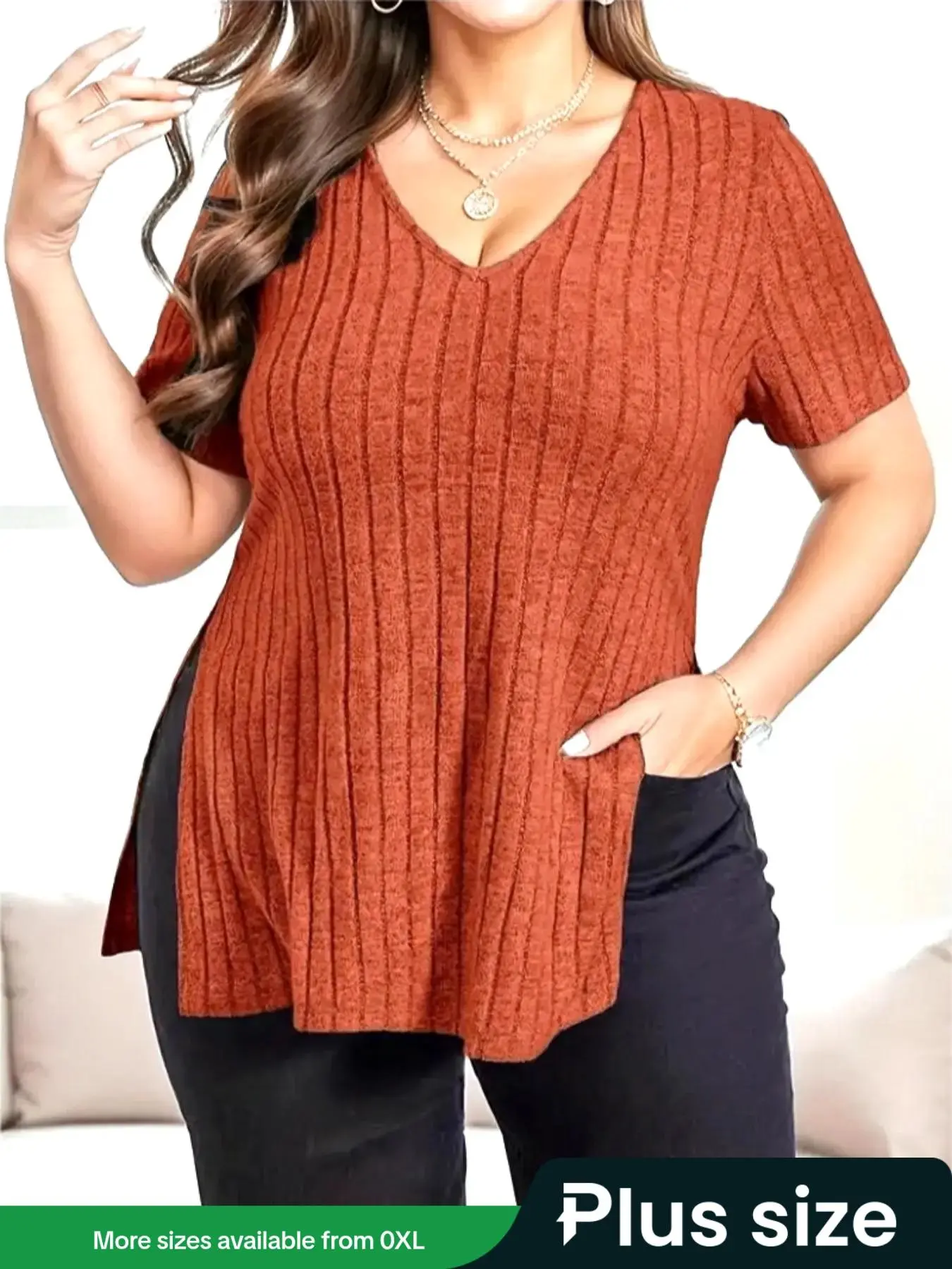 【Plus Size】 Solid Color V Neck Tee, Casual Short Sleeve T-shirt for Summer, Women's Plus Clothing for Daily Wear