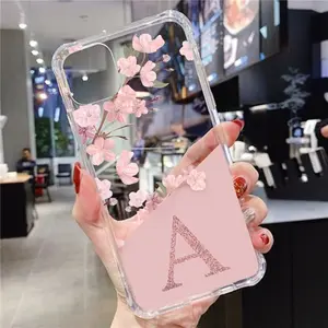 Custom Case HURUF A B C D Bunga Elegan Softcase Transparan Untuk iPhone 7 11 12 13 14 15 Pro Max X XR XS Max