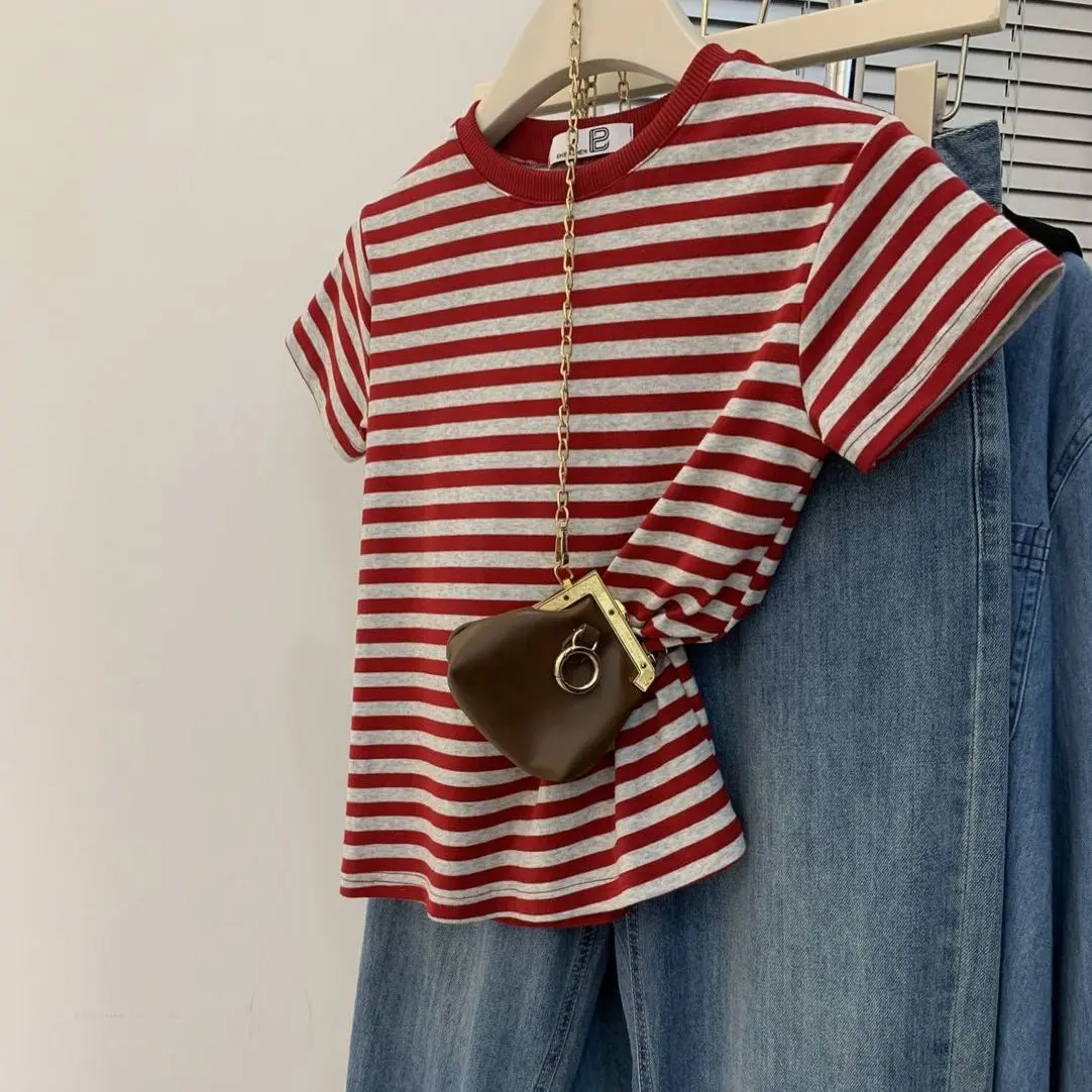 Áo Thun Tay Ngắn Sọc Cotton, Hàng Mới Về Mùa Hè, Dáng Ôm, Áo Mỏng, Dành Cho Phụ Nữ Và Cô Gái Đầy Đặn, Phong Cách Cơ Bản, Hợp Xu hướng, dễ phối đồ, Áo Mỏng