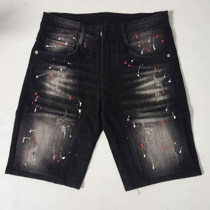 EY488 (28/34) Quần jean short nam nối thân vẩy sơn đỏ trắng không rách