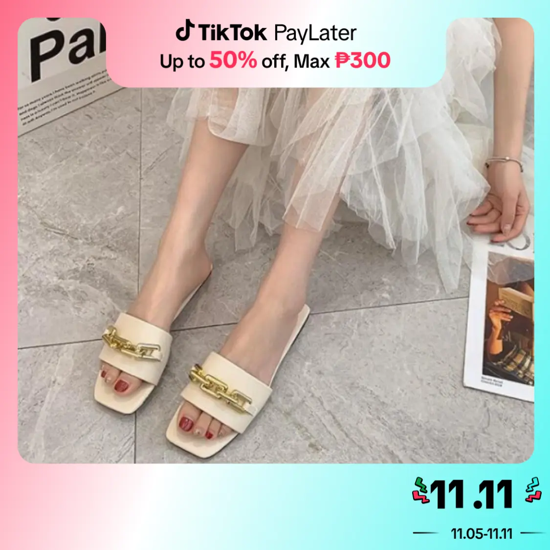 TOP.16(COD)Korean Fashion  Large size sandals and slippers for women in 2023 summer new one line metal chain, fashionable to wear on the outside Shoes Walking Shoes Footwear Classic Girl Rubber Comfort