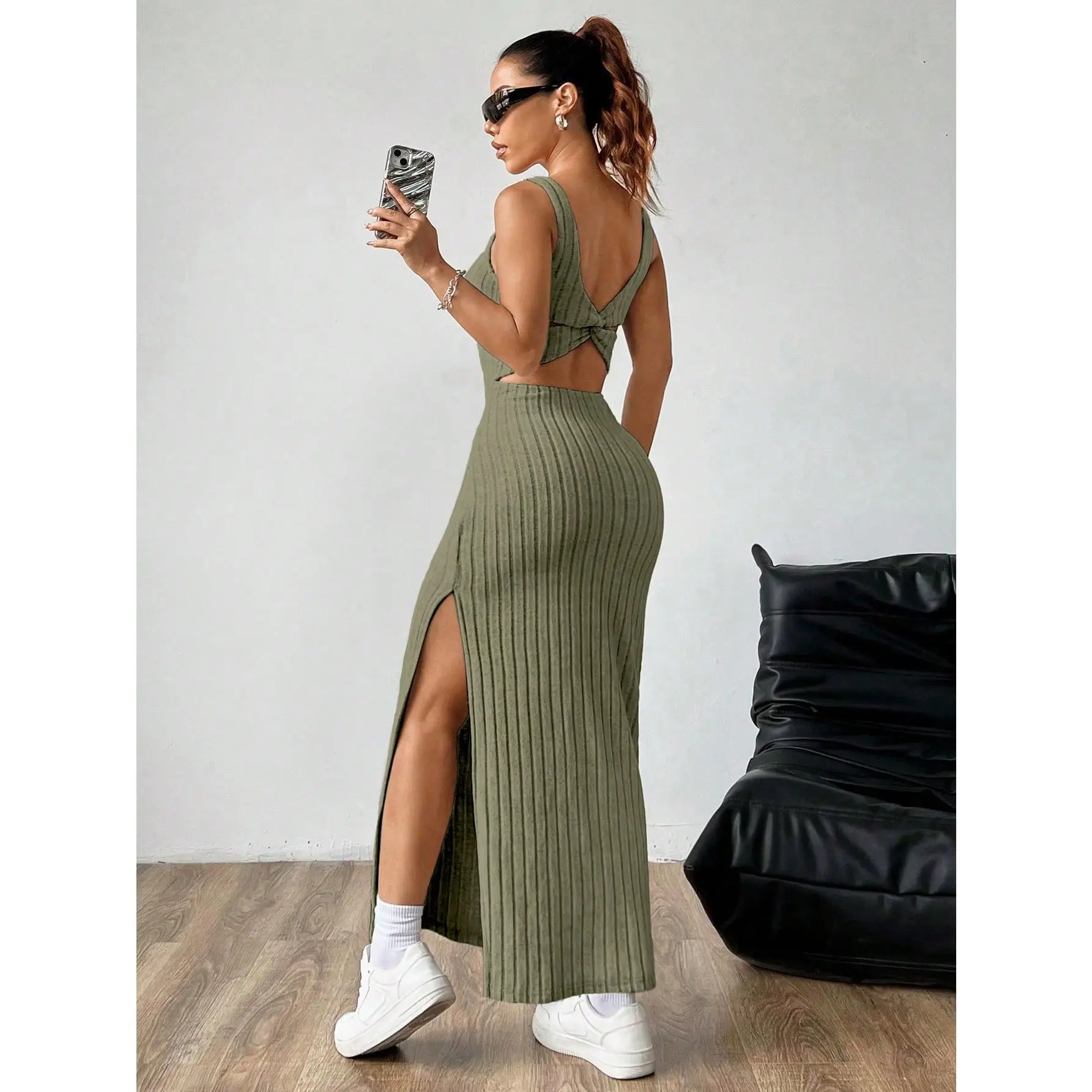 MOOSTA Women's Sexy Twist Back Split Side Sleeveless Dress, Summer Maxi Women Outfit Casual Womenswear Minimalist Basic Army Green Comfort
