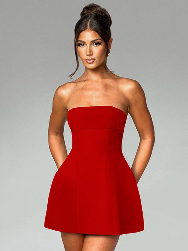 Christmas Gift Women's Solid Color Strapless A Line Dress, Fashion Casual Short Dress for Party Club Dating Wear, Women Dress for Summer Valentine's Day, gift 3