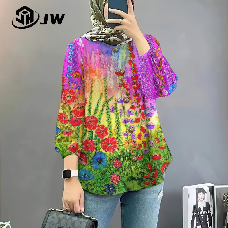 Product Introduction of Women's Muslim shirt elegant and colorful flower oversized loose long sleeved top, beautiful button style affordable and comfortable long sleeved shirt 34