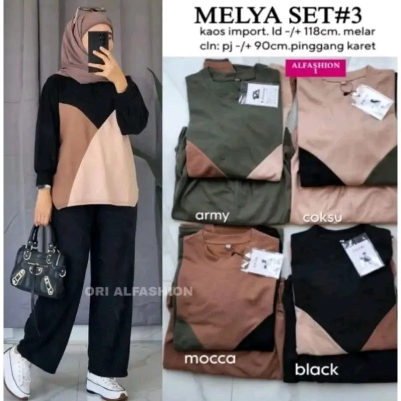 Melya Set Bahan Cringkle Airflow/ One Set Cringkle Kombinasi Warna Setelan Muslim Karet Crinkle Wanita Baju
