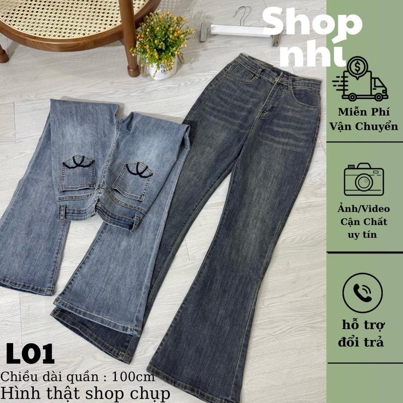   100cm  L01 - SHOP NHÍ- Quần Jean Nữ Ống Loe Thêu Túi QC Dài 100cm  Đủ Size S M L 6174 
