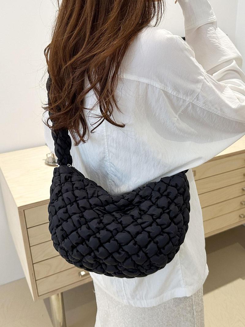 Product Introduction of Women's Solid Color Quilted Puffer Hobo Bag, Fashionable Large Capacity Shoulder Bag for Daily Used, Casual Trendy Versatile High-quality Daily Commuting Bag 2