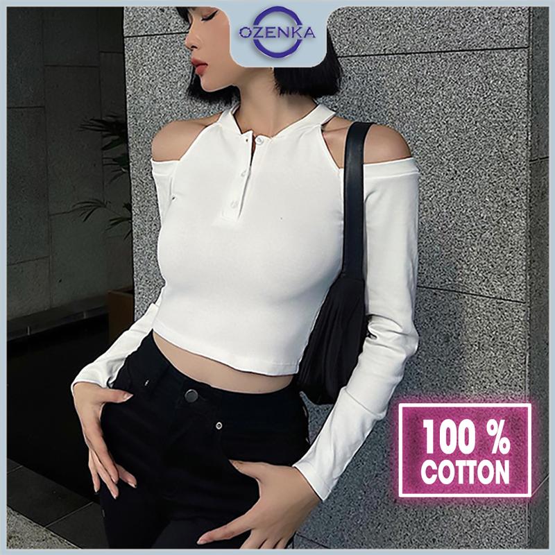 Áo croptop kiểu trễ vai tay dài cài khuy nữ Ozenka áo crt kiểu sang chảnh ôm body gợi cảm chất cotton màu đen trắng Thun Shirt Áo Thun Cổ Tròn Denim Sơ Mi Jean Women