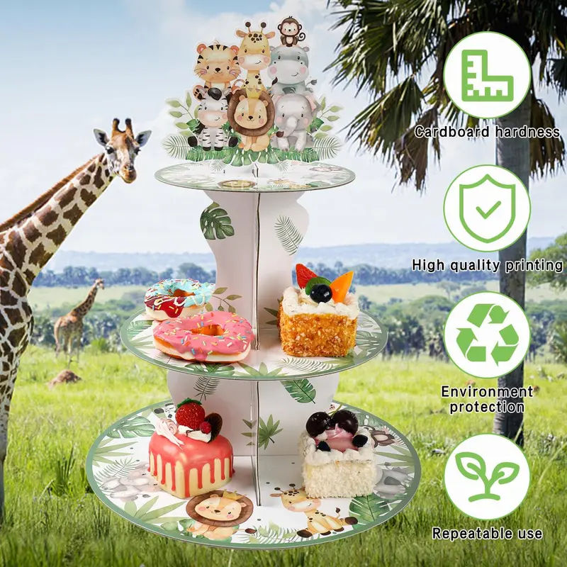 Cartoon Jungle Animal & Plant Pattern Cake Stand, 1 Count Round Cake Display Stand, Cake Decorating Supplies for Home Party Wedding 3