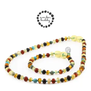Amber Buddy | LE516 Kalung & Gelang bayi Baltic Amber kombinasi Lake Blue Imperial Jasper. 32cm & 14cm