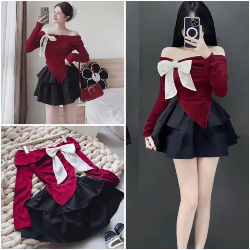 Set Trễ Vai Len Tăm Đỏ Tươi Tôn Da, Đính Nơ Be Điệu Đà Kèm Chân Váy Xoè Thời Thượng set  noel set   Nữ Women Nhung Dài Tay Kem Áo