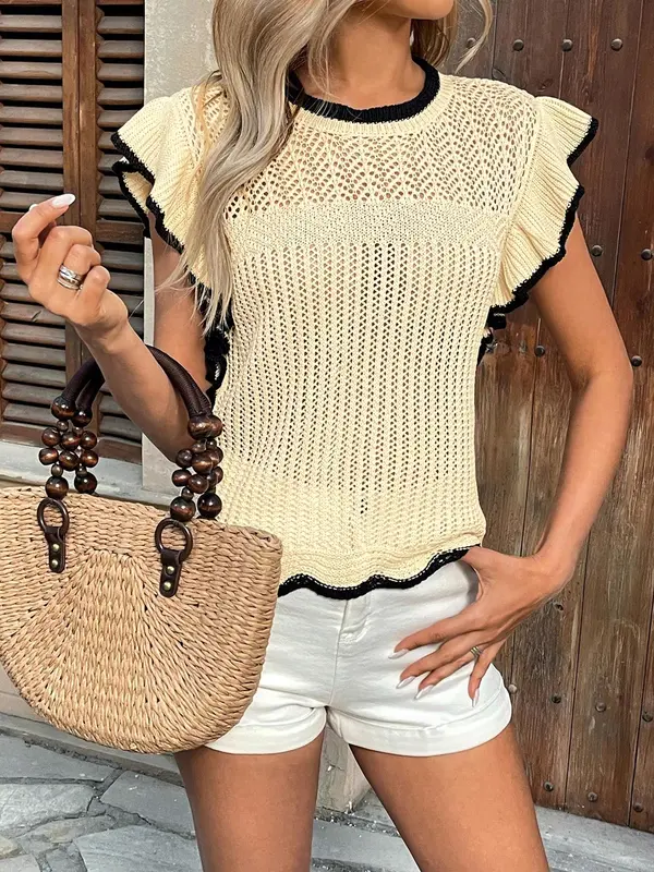 Women's Contrast Binding Sweater without Bottom, Casual Cap Sleeve Round Neck Knit Top for Summer, Fashion Women's Knitwear for Daily Wear 5