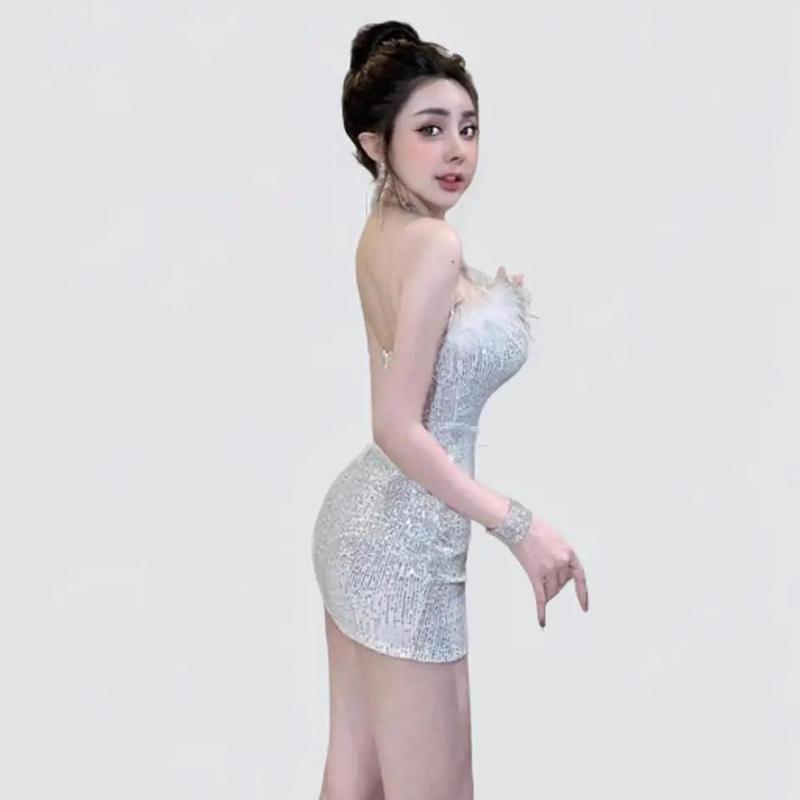 [có ảnh feedback] Đầm body nữ lông vũ lấp lánh dự tiệc - cà phê - tiệc tùng - checkin sang chảnh Women Dress. Đủ size XS/S/M/L/XL. váy body kim tuyến 3