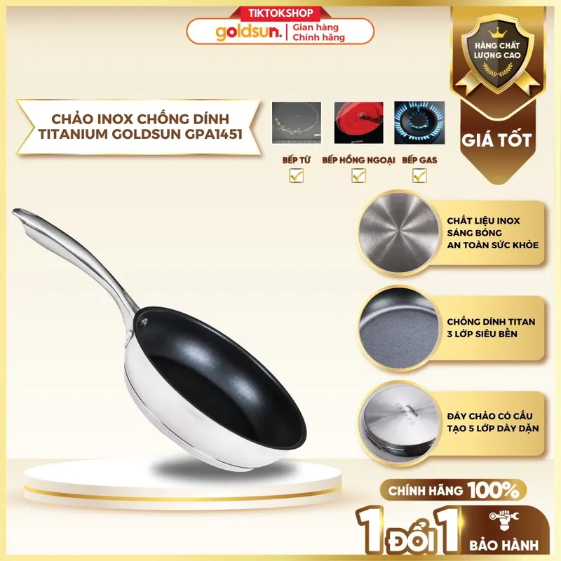 Chảo inox chống dính Titanium Goldsun GPA1451 đáy từ 5 lớp sử dụng trên mọi loại bếp 0
