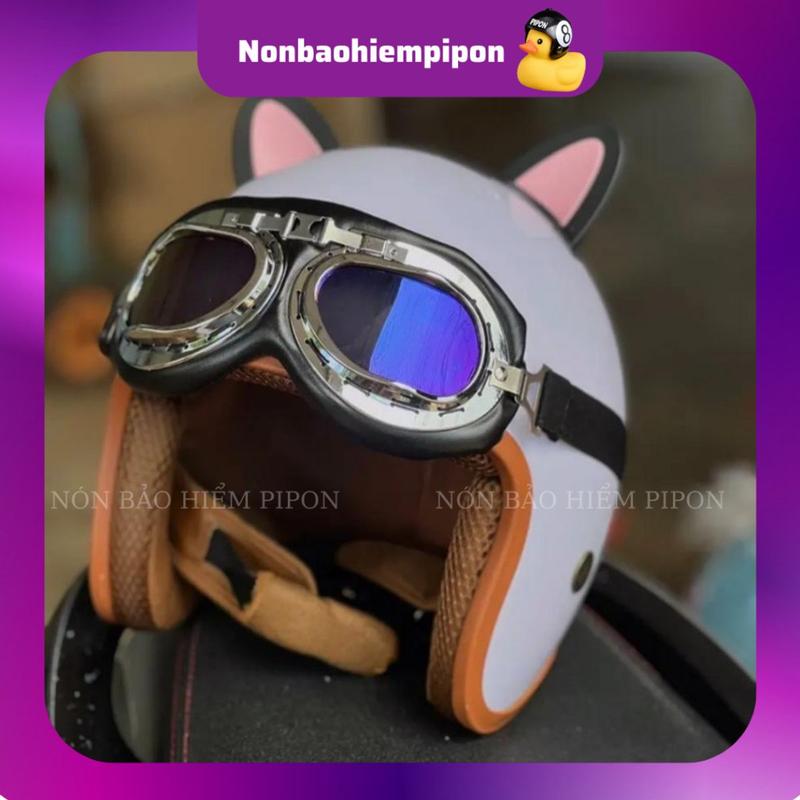 Mũ bảo hiểm 3/4 trùm đầu kèm Kính Phi Công và Tai Mèo/ Tai Gấu Nhiều màu sắc, nón bảo hiểm 3/4 đi phượt cho nam và nữ