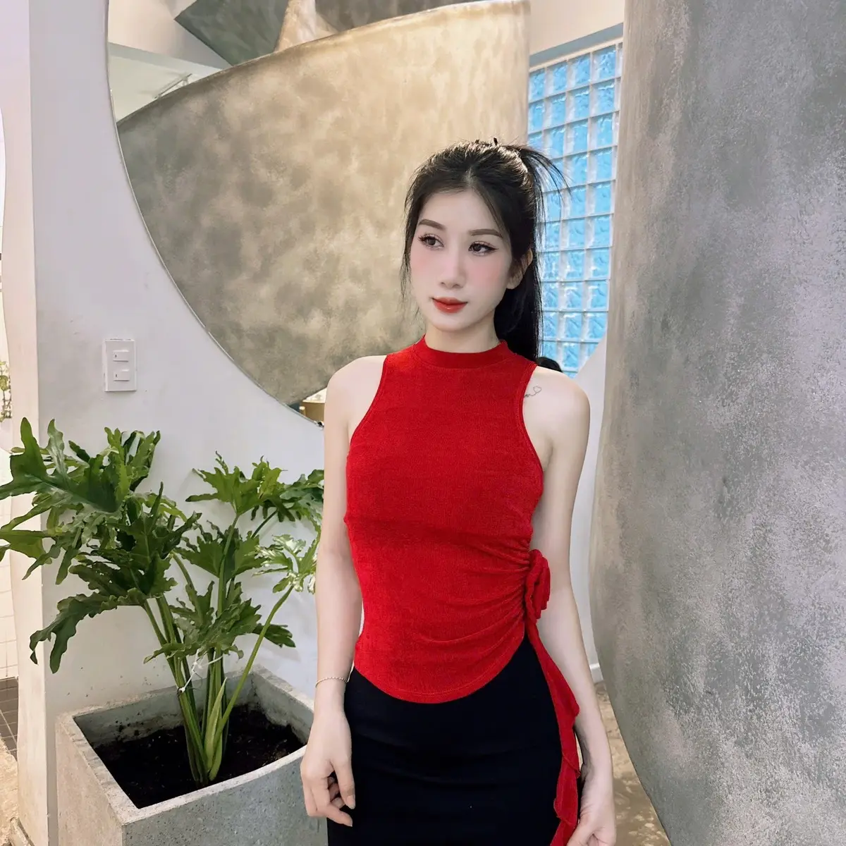 ￼BOTUTO-Áo Ba Lỗ Nhũ Đính Hoa Tua Rua Dài Bên Hong Eo Quyến Rũ Sexy Phong Cách