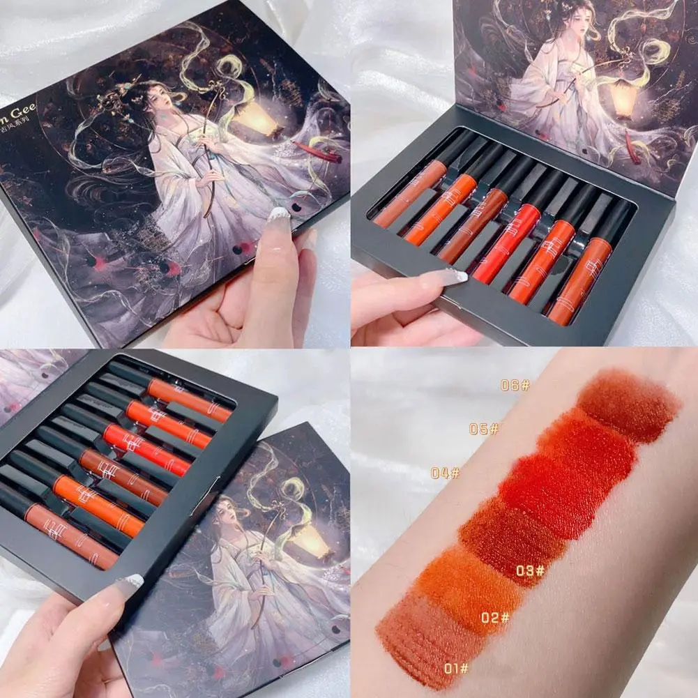 6 pcs/set Lip Gloss Set Lipstik Matte Velvet Tidak Glaze Lip Luntur Mudah Black Bear Little T7J4
