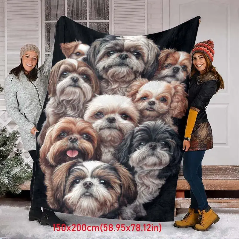 Cute Shih Tzu Pattern Blanket, Soft Throw Blanket, Air-conditioned Room Blanket, Warm Nap Blanket for Home & Office, House Decor