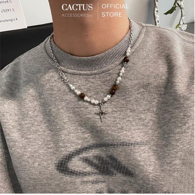  Dây Chuyền Mặt Ngọc Trai Màu Mắt Hổ Chữ T Cactus Accessories Thiết Kế Độc Đáo Cho Nam Vòng Cổ Thép Titan Không Gỉ vòng  cổ  nam  đẹp 