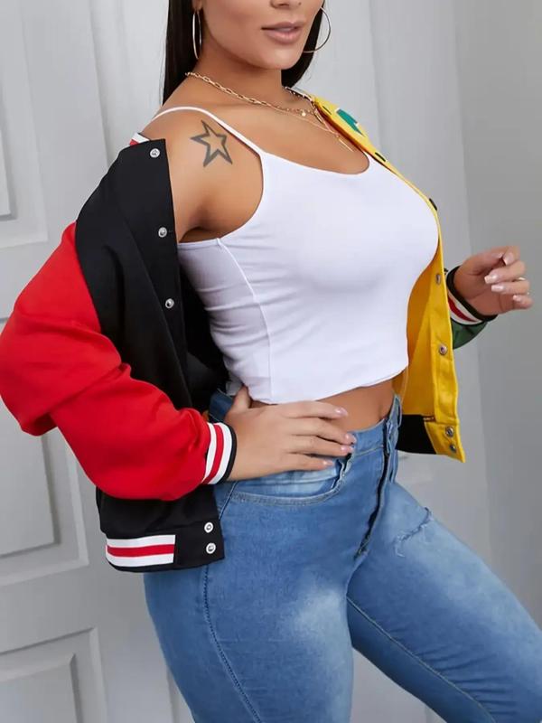 Women's Colorblock Letter Print Button Front Varsity Jacket, Fashion Casual Drop Shoulder Mock Neck Outerwear for Daily Outdoor Wear, Women Clothes for Spring & Fall 2